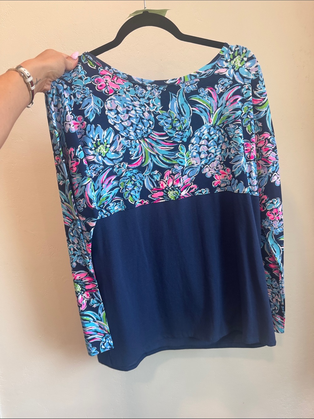 101. Lilly Pulitzer Navy Floral Panel Long-Sleeve Top